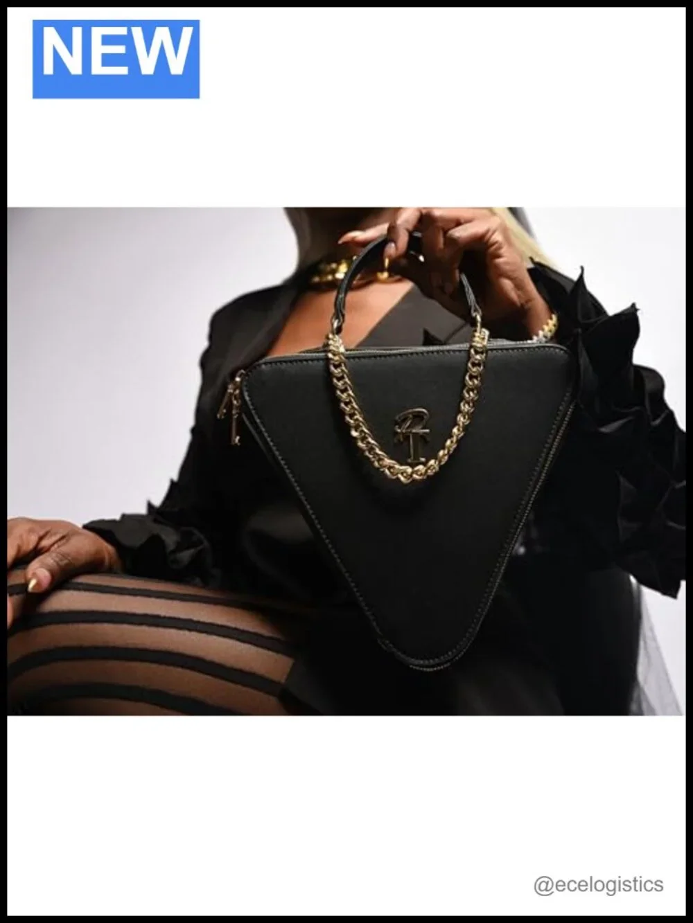 Pink Triangle Modern Vegan Leather Clutch Evening Bag with Gold Chain